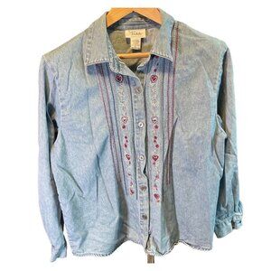 Vintage 90s Teddi Light Blue Denim Embroidered Long Sleeve Button Down Shirt